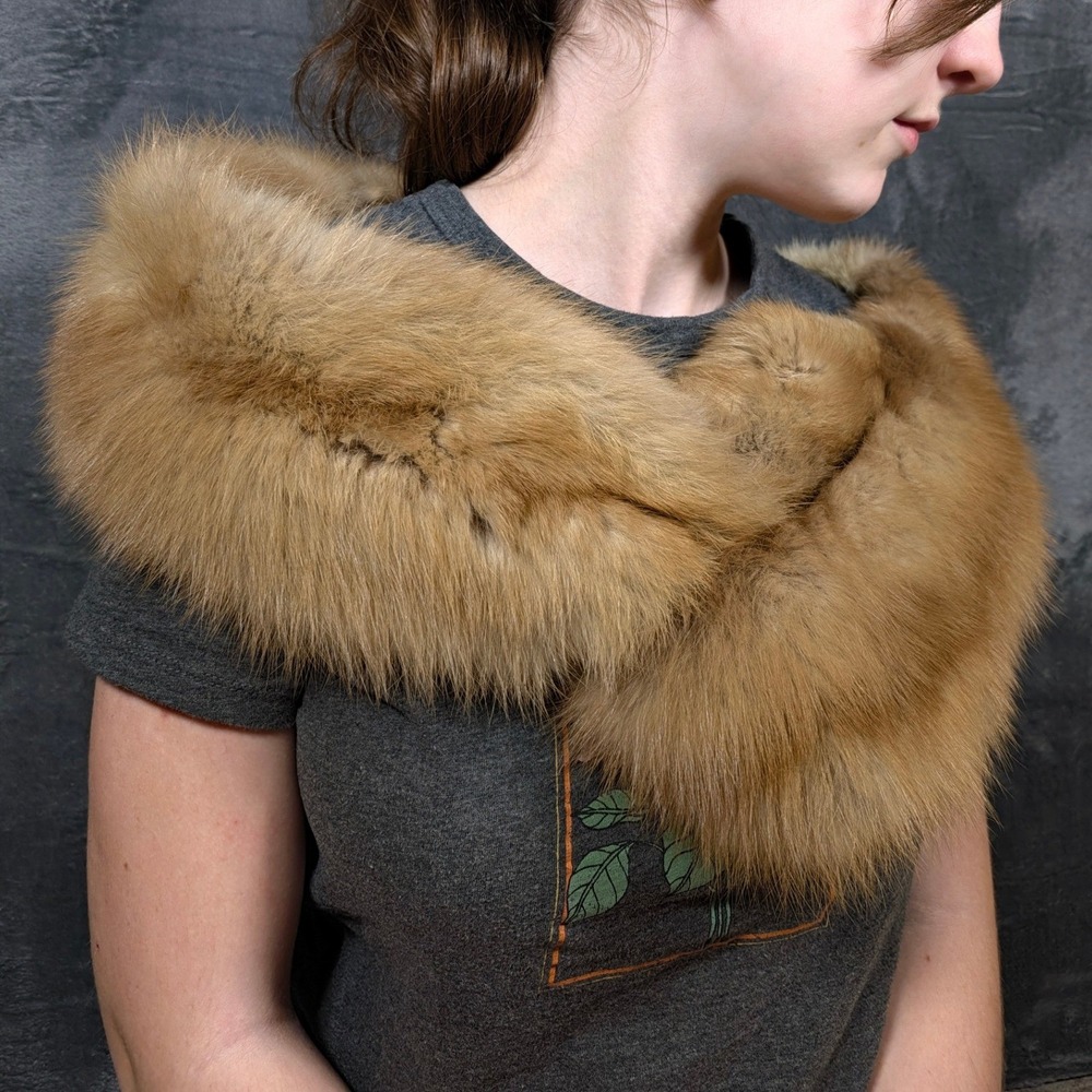Vintage Fox Fur Stole Wrap Golden Brown Genuine Fur Scarf Velvet Lining Luxury